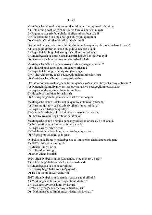 Maktabgacha ta`lim bo`yicha 200 talik test