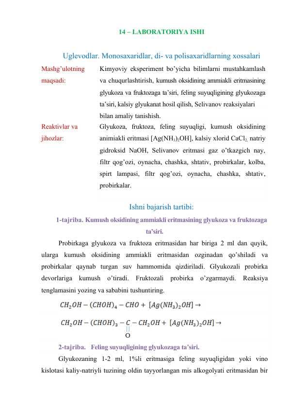 Uglevodlar. Monosaxaridlar, di- va polisaxaridlarning xossalari