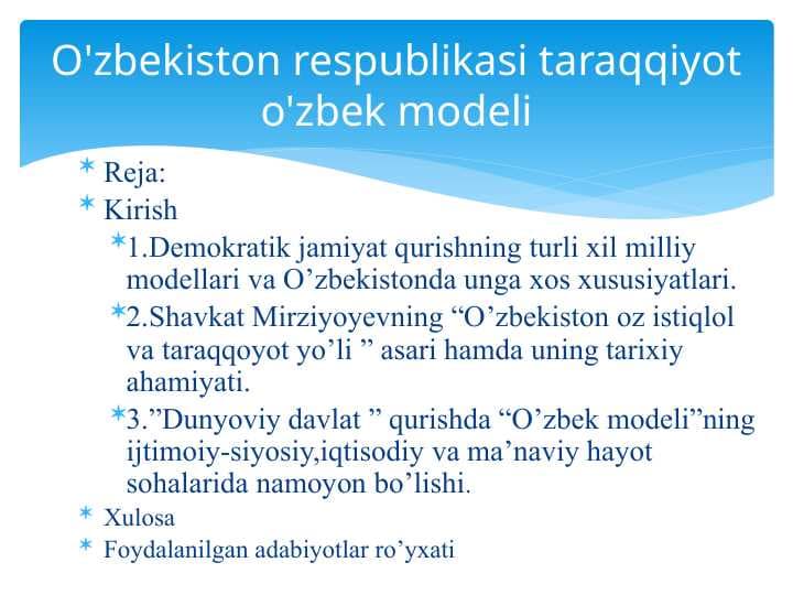 O'zbekiston respublikasi taraqqiyot o'zbek modeli