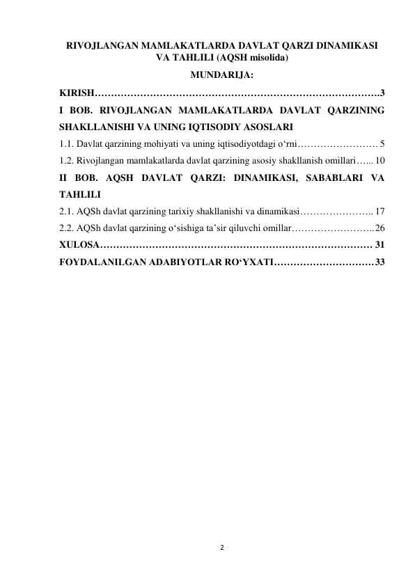 RIVOJLANGAN MAMLAKATLARDA DAVLAT QARZI DINAMIKASI  VA TAHLILI (AQSH misolida)