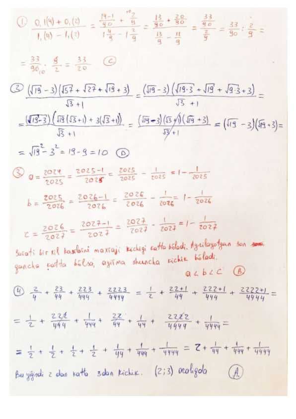 Matematikadan takrorlash testi yechimlari