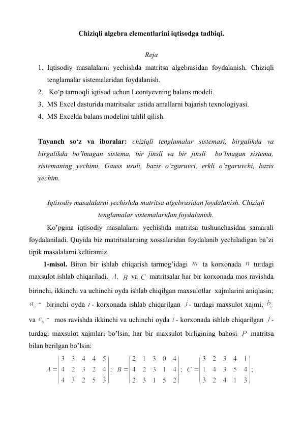 Chiziqli algebra elementlarini iqtisodga tadbiqi.