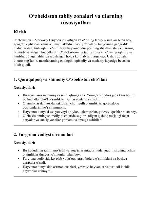 O‘zbekiston tabiiy zonalari va ularning xususiyatlari
