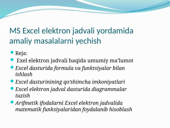 MS Excel elektron jadvali yordamida amaliy masalalarni yechish