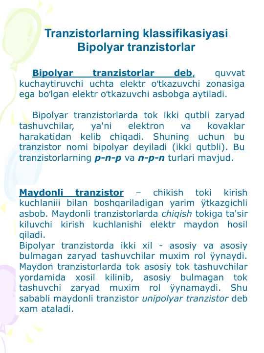 Tranzistorlarning klassifikasiyasi Bipolyar tranzistorlar