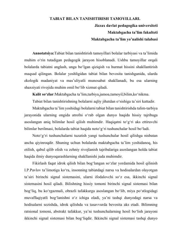 TABIAT BILAN TANISHTIRISH TAMOYILLARI.
