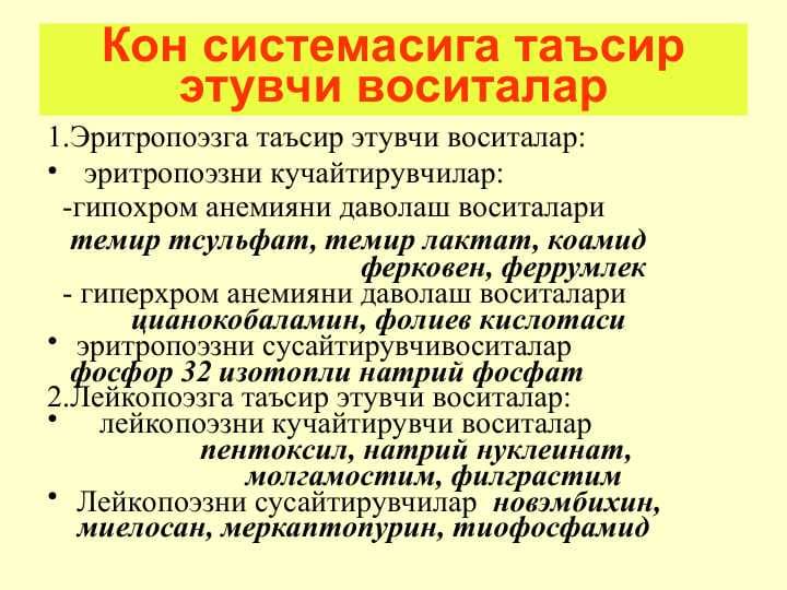 Кон системасига таъсир этувчи воситалар