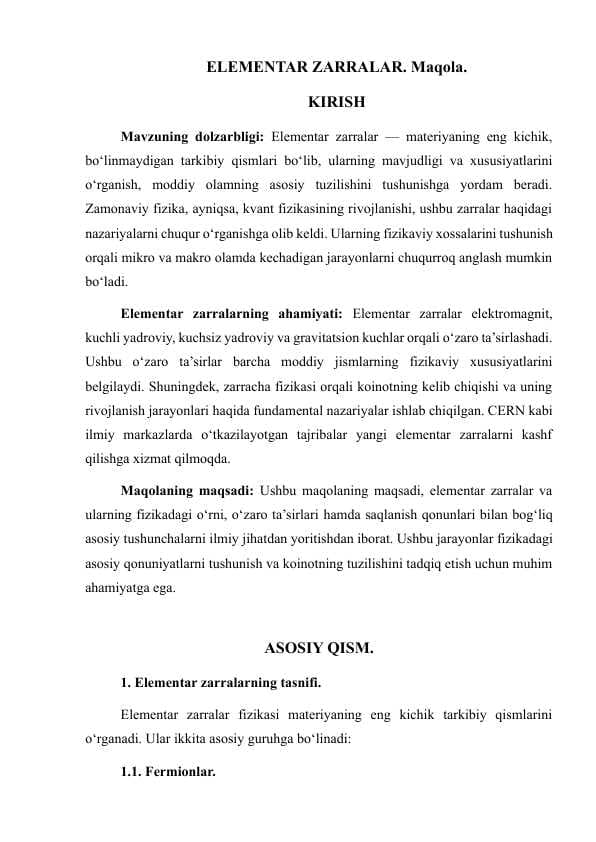Elementar zarrachalar. Maqola