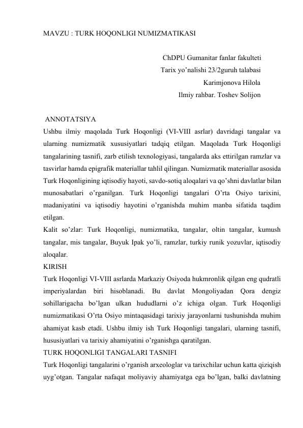 TURK HOQONLIGI NUMIZMATIKASI