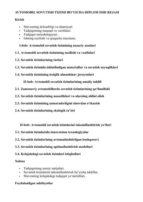 AVTOMOBIL SOVUTISH TIZIMI BO‘YICHA DIPLOM ISHI REJASI