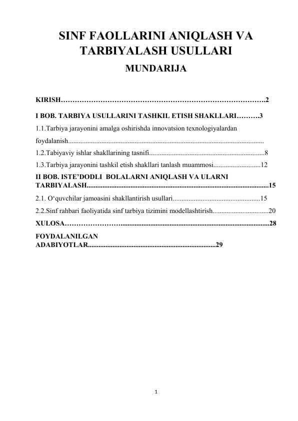 SINF FAOLLARINI ANIQLASH VA TARBIYALASH USULLARI