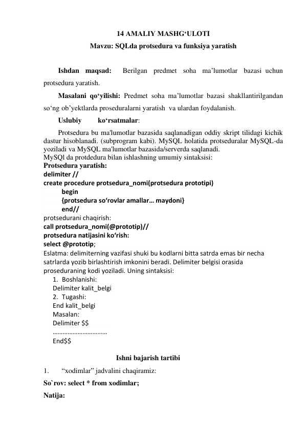 SQLda protsedura va funksiya yaratish