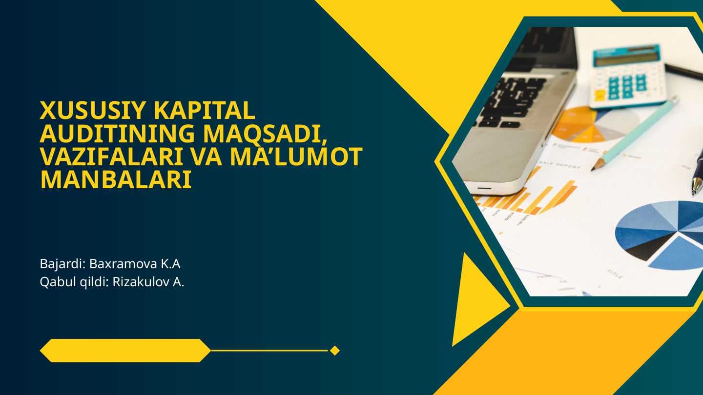 Xususiy kapital auditining maqsadi, vazifalari va ma’lumot manbalari