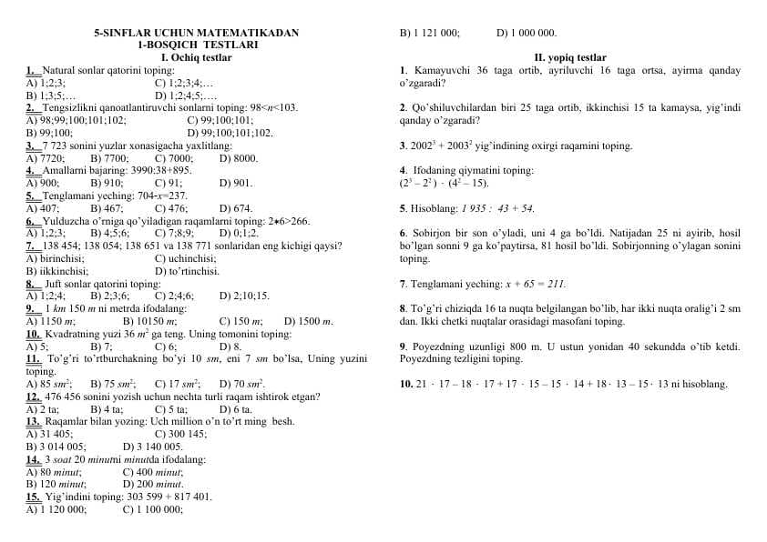 5-SINFLAR UCHUN MATEMATIKADAN