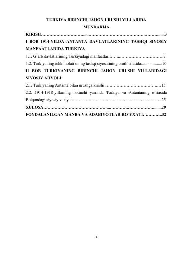 TURKIYA BIRINCHI JAHON URUSHI YILLARIDA