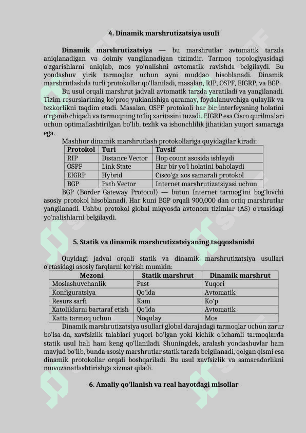 Statik va dinamik marshrutizatsiya usullari