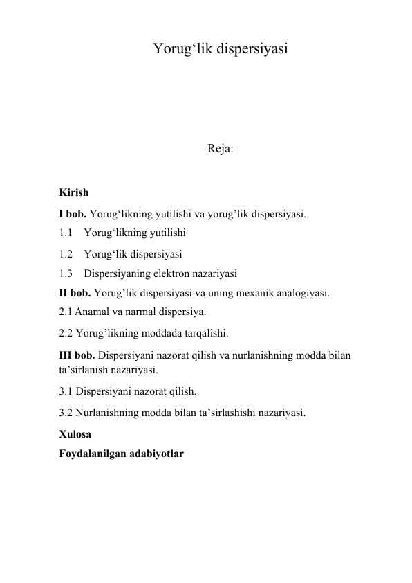 Yorug'lik dispersiyasi.Kurs ishi