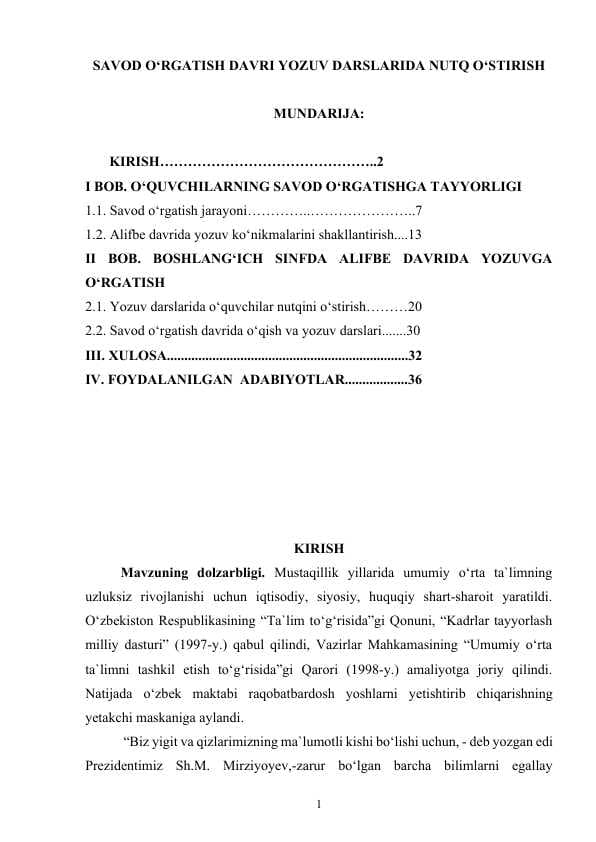 SAVOD O‘RGATISH DAVRI YOZUV DARSLARIDA NUTQ O‘STIRISH