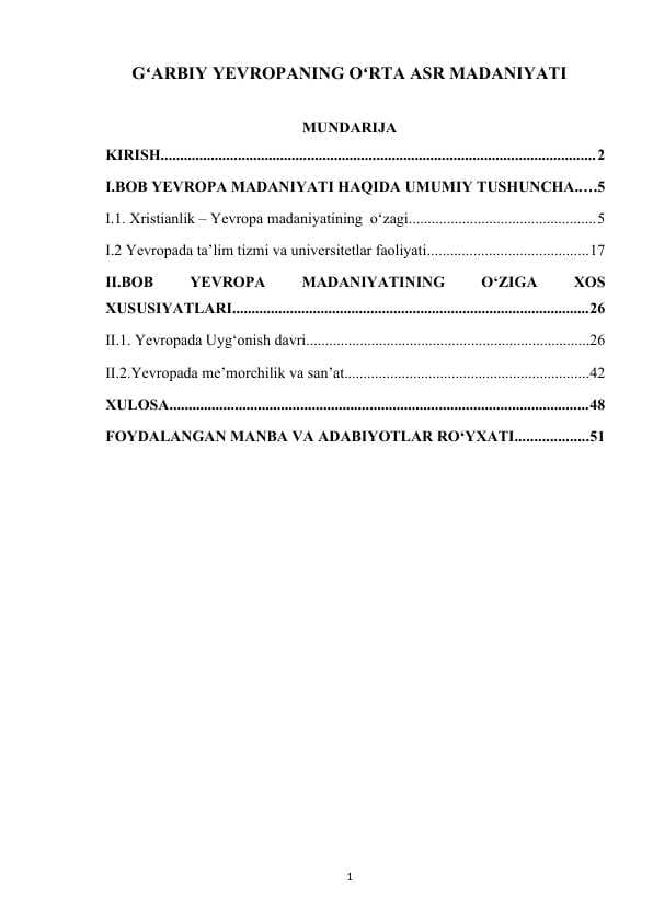 GʻARBIY YEVROPANING OʻRTA ASR MADANIYATI kurs ishi