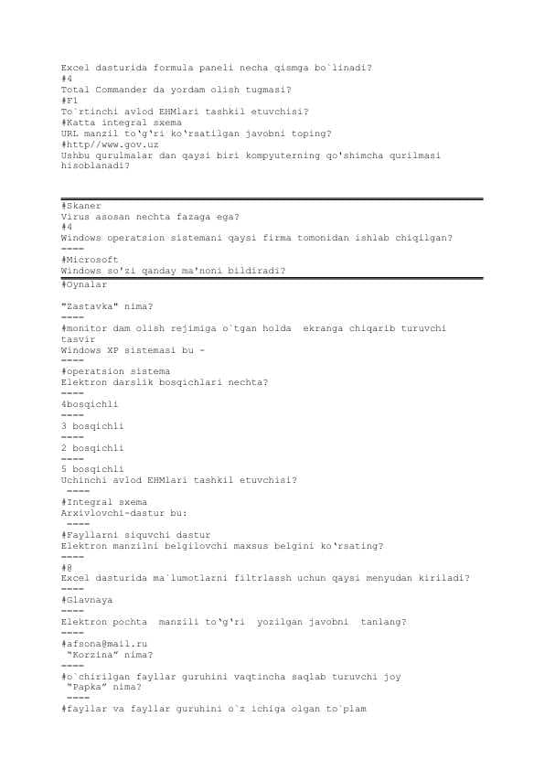 axborot kommunikatsiya texnologiyalari test javoblari