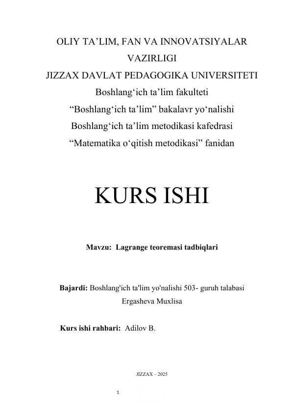 Lagrange teoremasi tadbiqlari kurs ishi