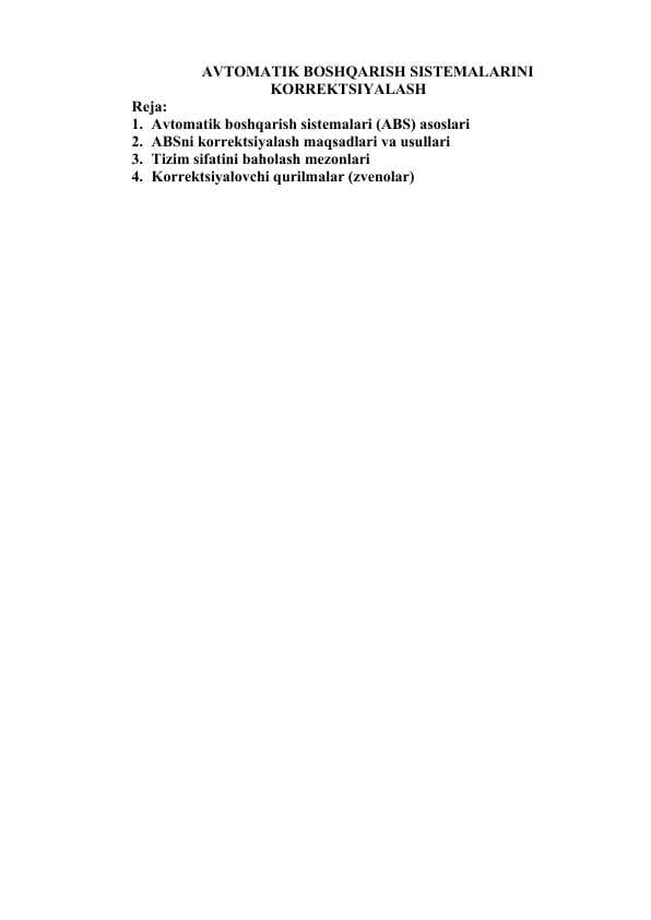 AVTOMATIK BOSHQARISH SISTEMALARINI KORREKTSIYALASH