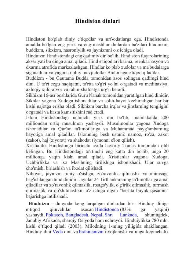 Hindiston dinlari.