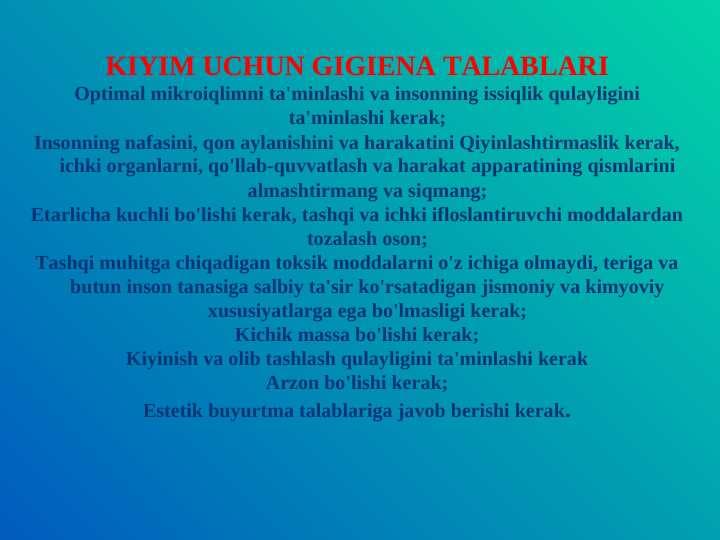 KIYIM UCHUN GIGIENA TALABLARI