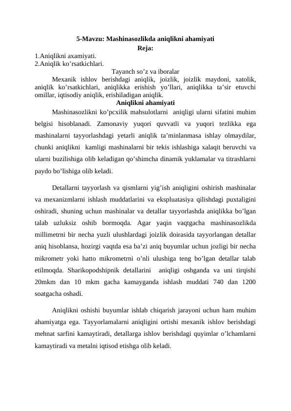 Mashinasozlikda aniqlikni ahamiyati