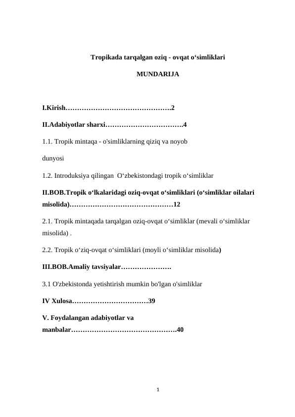 Tropikada tarqalgan oziq   ovqat o‘simliklari