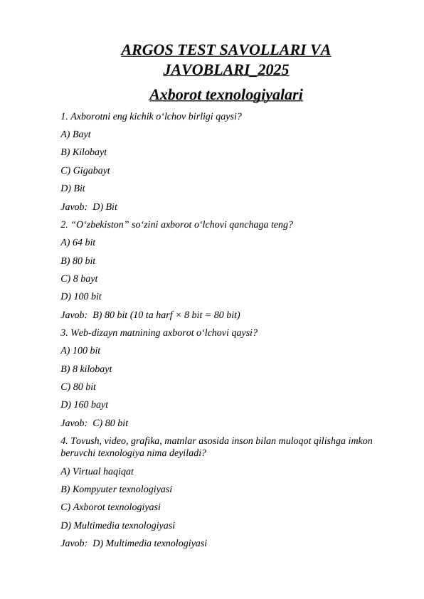 ARGOS TEST SAVOLLARI VA JAVOBLARI 2025