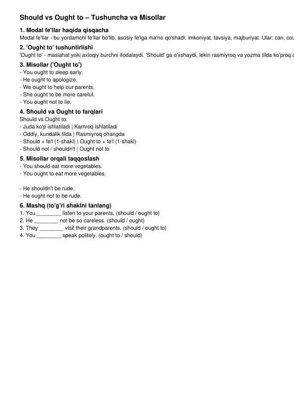Should vs Ought to – Tushuncha va Misollar