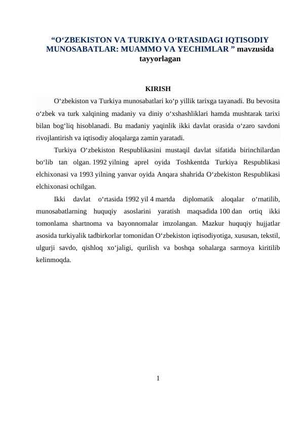 O‘zbekiston va Turkiya munosabatlari