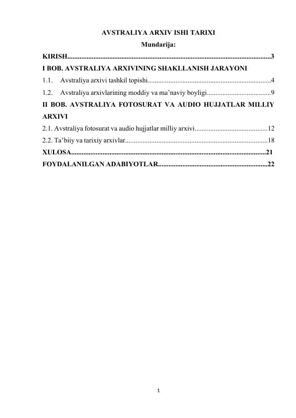 AVSTRALIYA ARXIV ISHI TARIXI