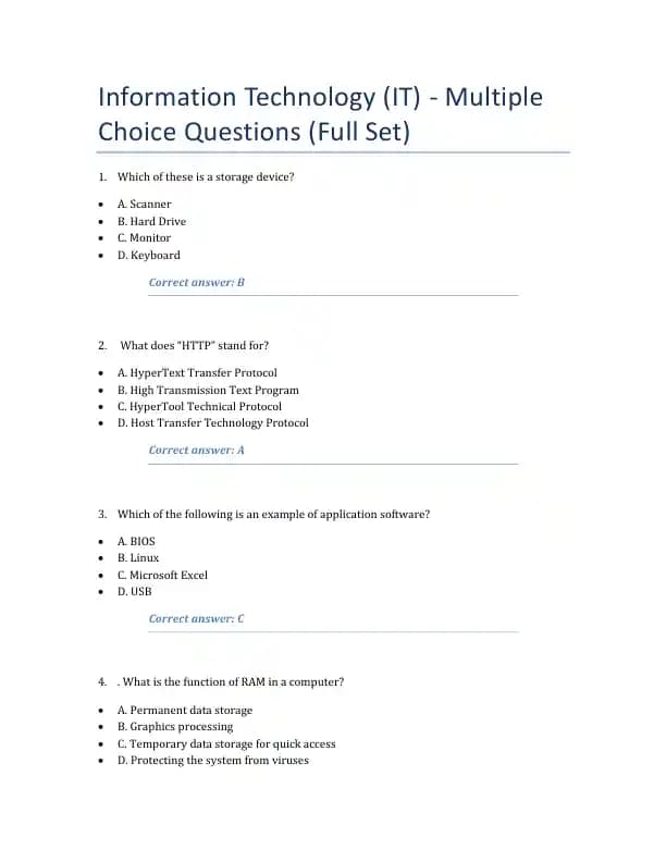 Information Technology (IT) - Multiple Choice Questions (Full Set)