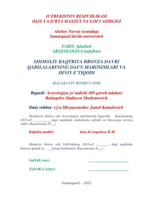 ARXEOLOGIYA kafedrasi malakaviy bitiruv ishi