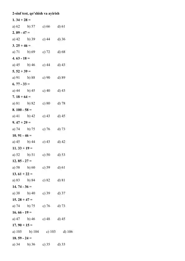 2-sinf test, qo’shish va ayirish