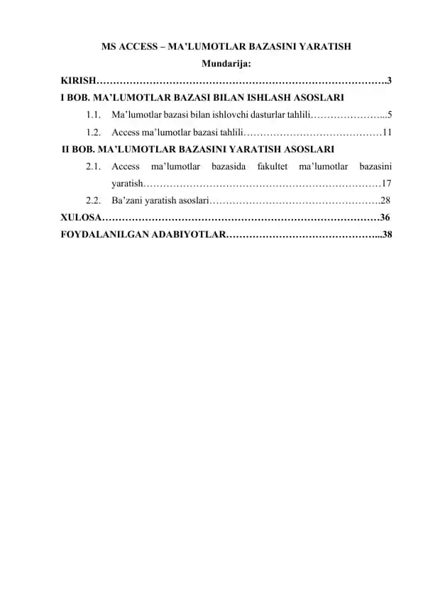 MS ACCESS – MA’LUMOTLAR BAZASINI YARATISH