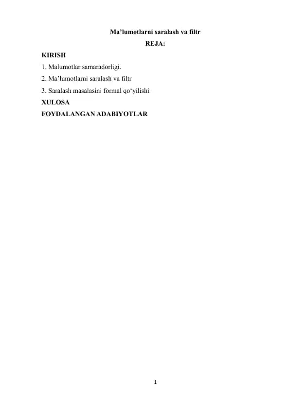 Ma’lumotlarni saralash va filtr
