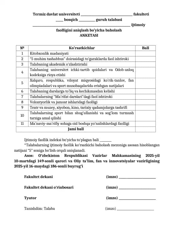 Ijtimoiy faollik indeksi baholash anketasi