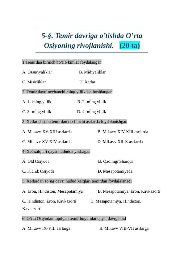 6-sinf tarix testlar javoblari bilan