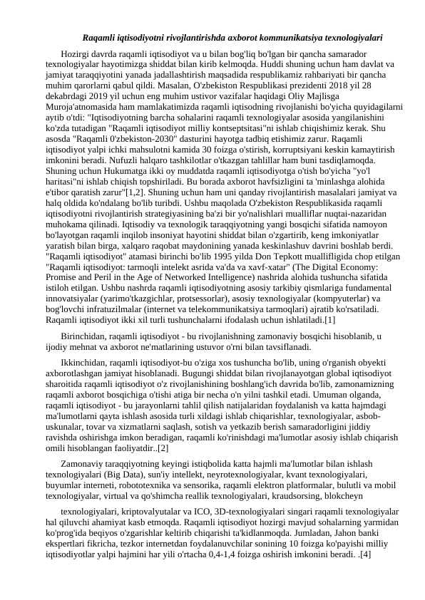 Raqamli iqtisodiyotni rivojlantirishda axborot kommunikatsiya texnologiyalari