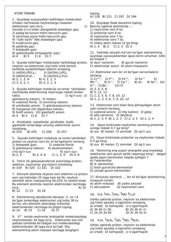 Kimyo fanidan Masalalar to’plami.
