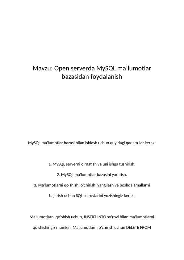 my sql open server ma'lumotlar bazasi bilan ishlash
