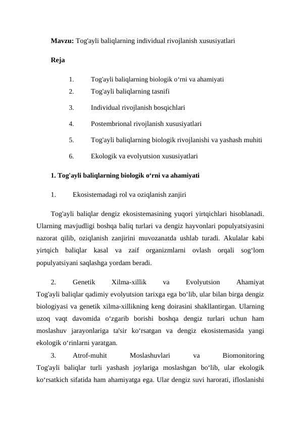 Tog'ayli baliqlarning individual rivojlanish xususiyatlari
