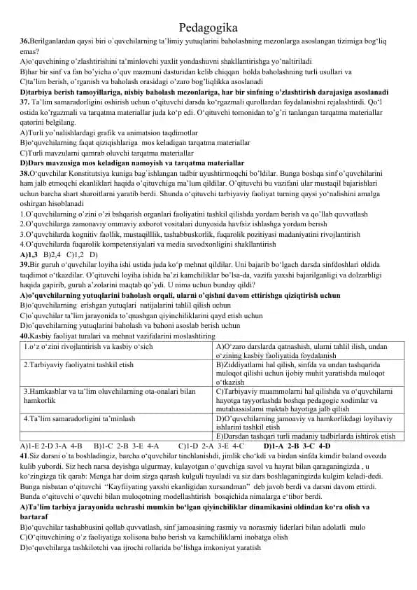 Tushgan Pedagogika savollar JAVOBLARI BILAN