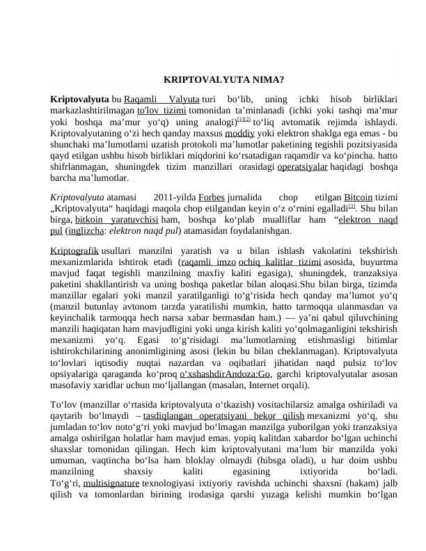 KRIPTOVALYUTA NIMA?