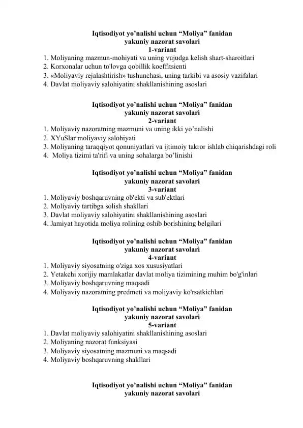 "Moliya fanidan yakuniy nazorat savollari"