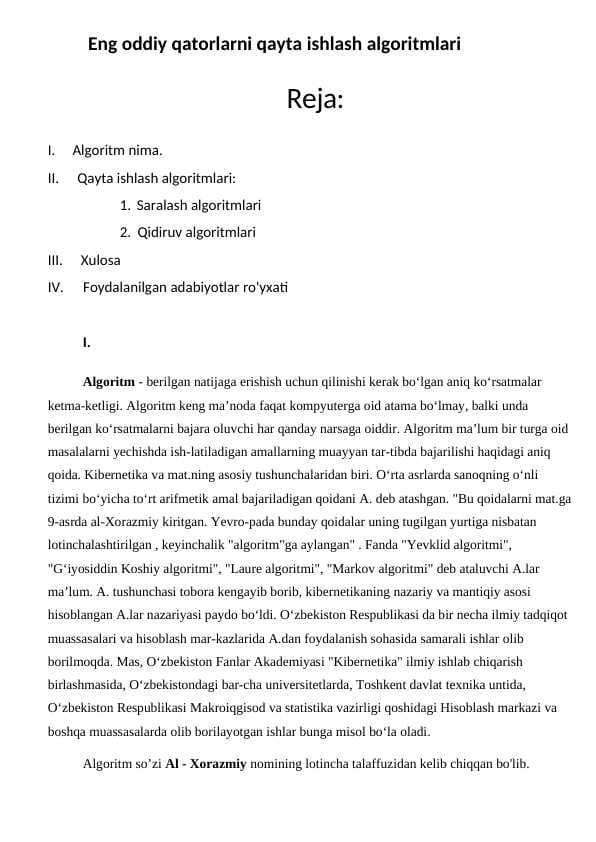 Eng oddiy qatorlarni qayta ishlash algoritmlari