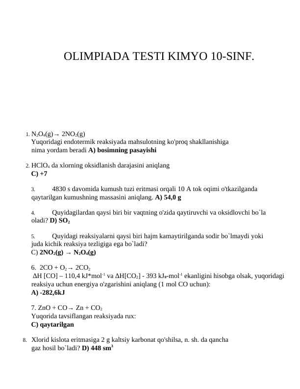 KIMYO TEST OLIMPIADA 10-SINF.